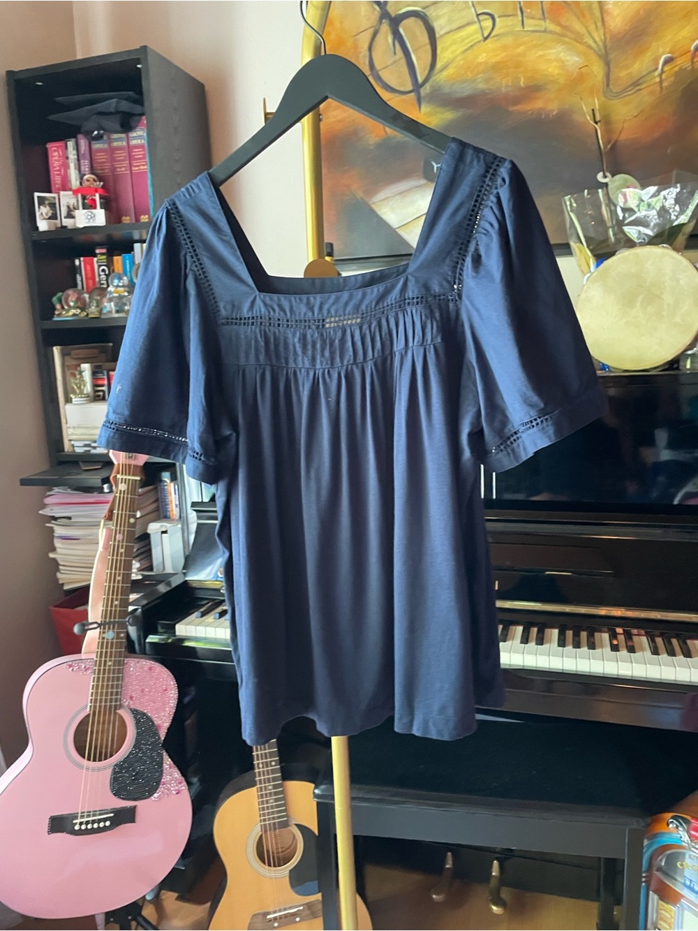 Elie Tahari Navy Square-Neck Peasant Top